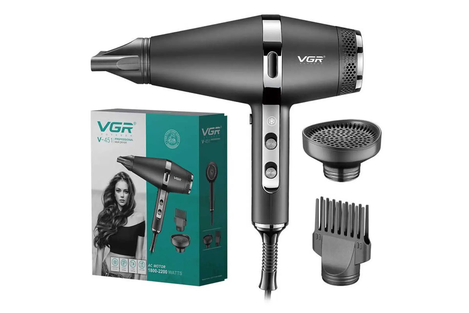 سشوار حرفه ای وی جی آر مدل V-451-سشوار حرفه ای وی جی آر مدل 451 یک دستگاه حرفه ای میباشد . موتور قدرتمند AC 2200W این دستگاه توانایی ارائه باد گرم و سرد را در حالت ها مختلف به شما دارد .  سشوار وی جی آر مدل 451 دارای 3 سری متمرکز کننده هست . این دستگاه دارای 3 دکمه تنظیم گرما ، 2 حالت سرعت و یک حالت ...
